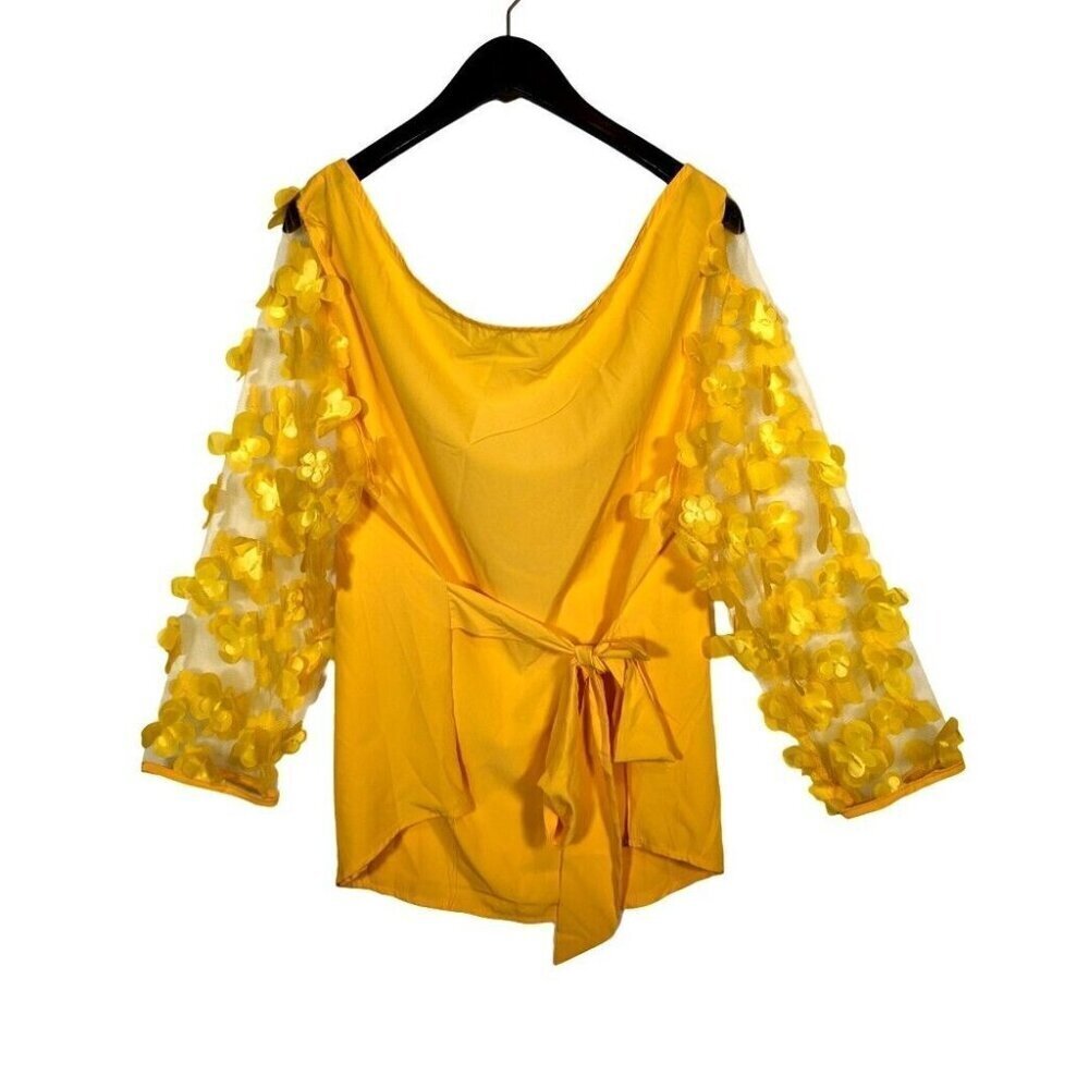 NWT WoWo Plus Size 3X Yellow Floral Mesh Top Blouse Tie Back Belted Lightweight